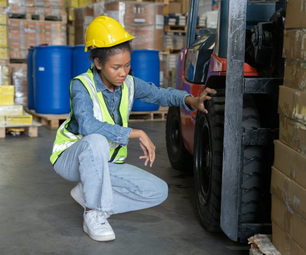 woman work in warehouse wearing hi visible vest look at forklift puncher flat tire not drive
